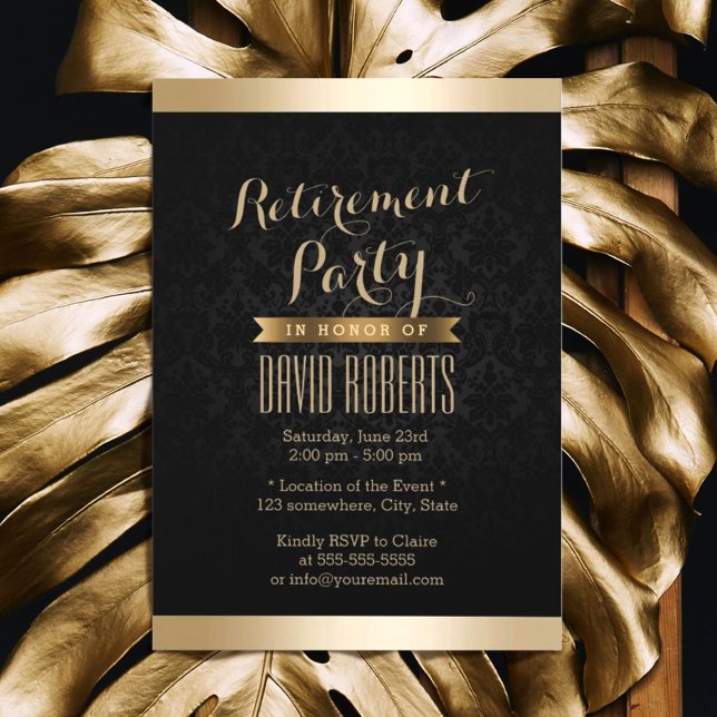 Modern Black & Gold Damask Retirement Party Invitation (Creator Uploaded)