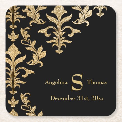 Modern Black Gold Damask Wedding Reception Decor P Square Paper Coaster