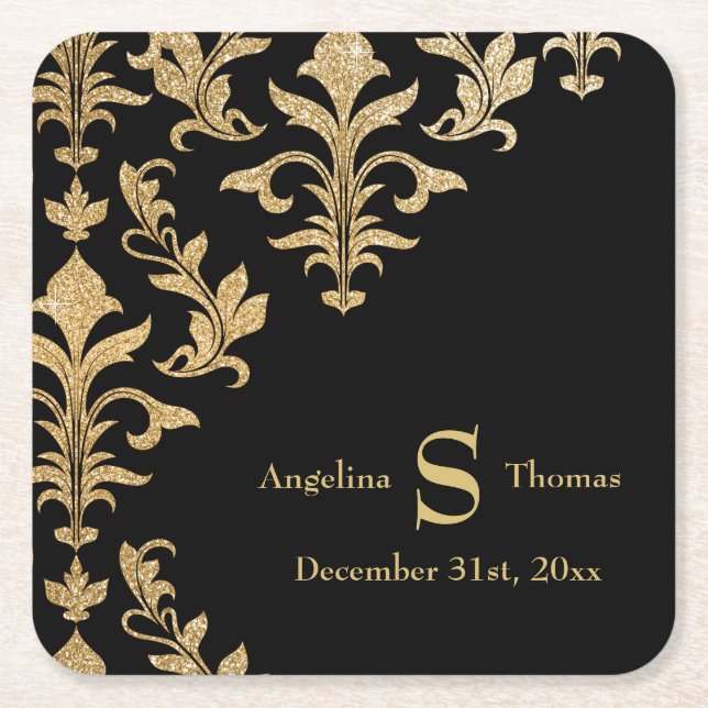 Modern Black Gold Damask Wedding Reception Decor P Square Paper Coaster (Front)