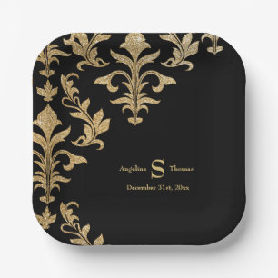 Modern Black Gold Damask Wedding Reception Decor Paper Plates
