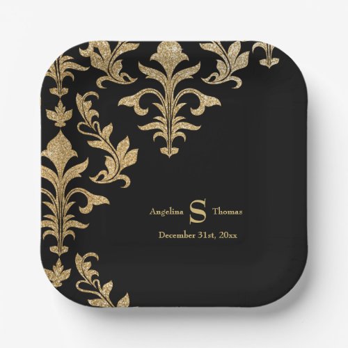 Modern Black Gold Damask Wedding Reception Decor Paper Plates