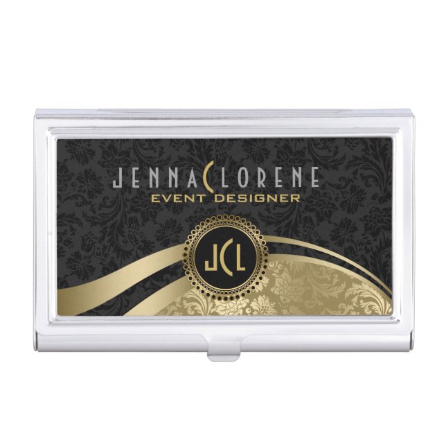 Modern Black & Gold Damasks Geometric Design Business Card Case (Front)