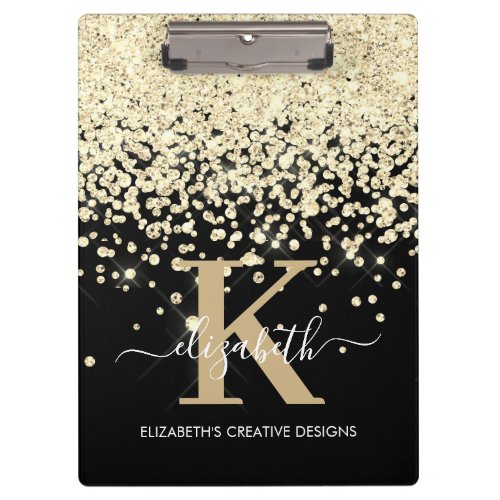 Modern Black Gold Diamond Glitter Monogrammed Clipboard