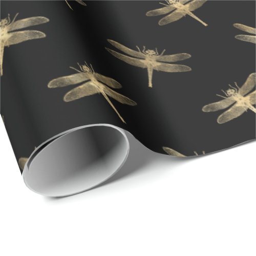 Modern Black Gold Dragonfly Pattern Wrapping Paper