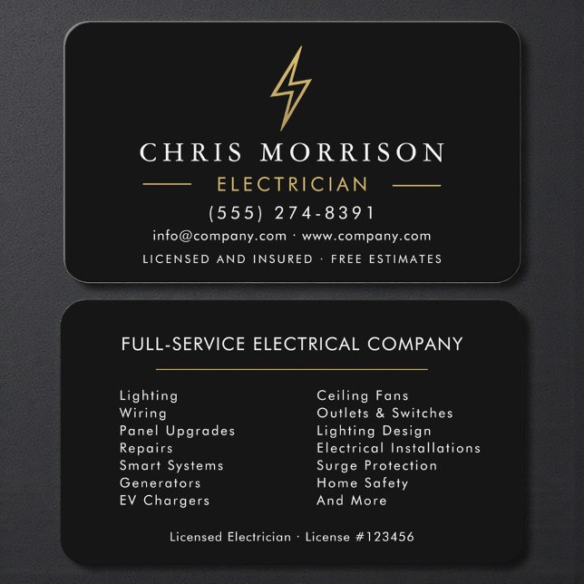Modern Black Gold Electrician Contractor Business Card (Creator Uploaded)