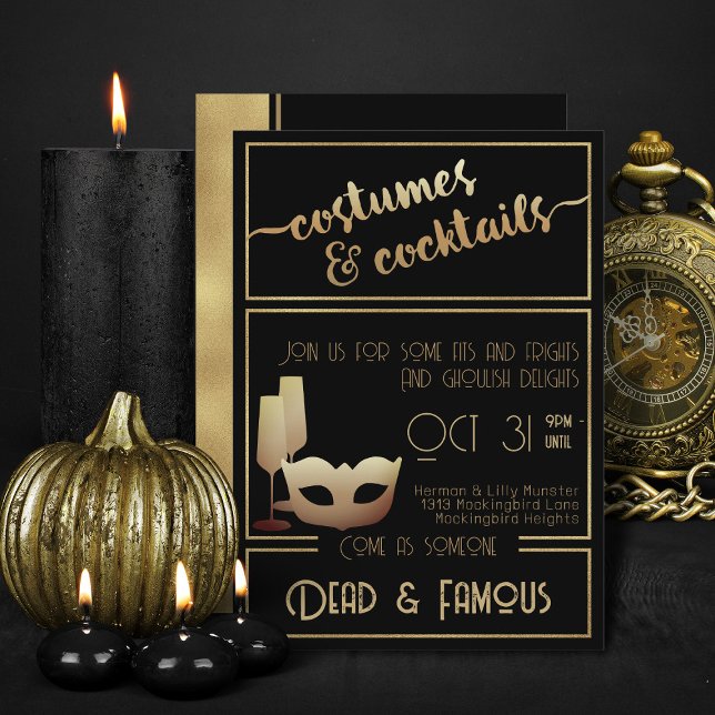 Modern Black Gold Elegant Adult Halloween Party  Invitation (Black and gold costumes and cocktails halloween invitations)