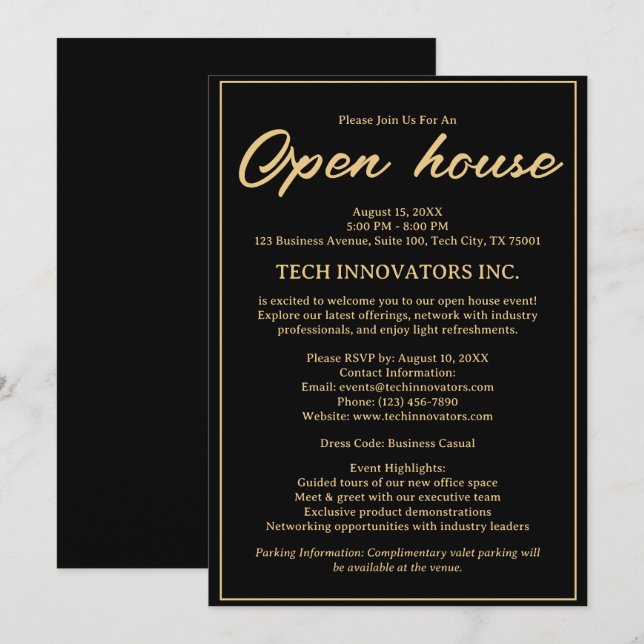 Modern Black & Gold Elegant Business Open House  Invitation (Front/Back)