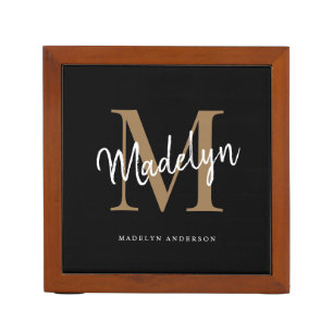 Modern Black Gold Elegant Monogram Script Name Desk Organizer