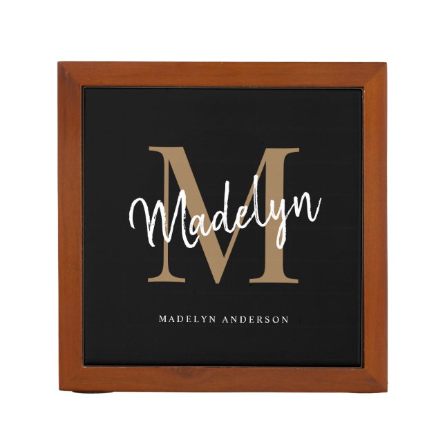 Modern Black Gold Elegant Monogram Script Name Desk Organizer (Front)