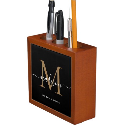 Modern Black Gold Elegant Monogram Script Name Desk Organizer