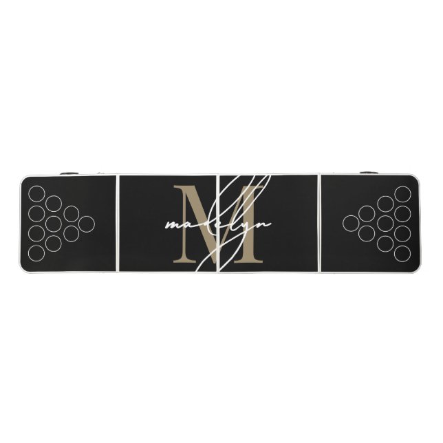 Modern Black Gold Elegant Script Name Monogram Beer Pong Table (Top)