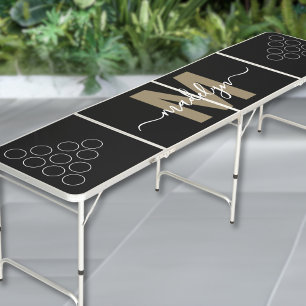 Modern Black Gold Elegant Script Name Monogram Beer Pong Table