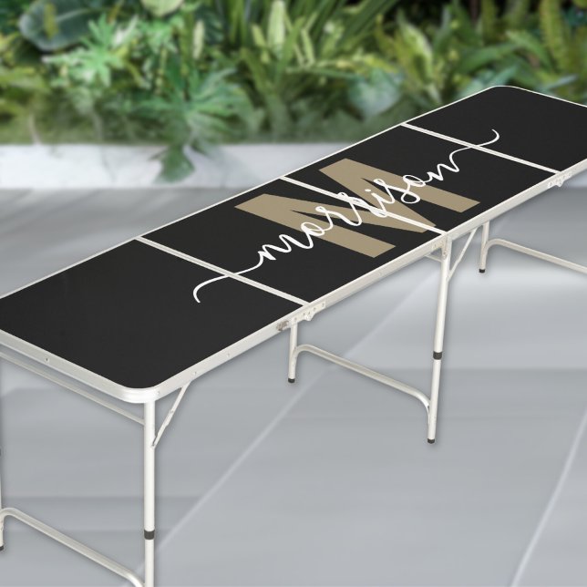 Modern Black Gold Elegant Script Name Monogram Beer Pong Table (Modern Black Gold Elegant Script Name Monogram Beer Pong Table)