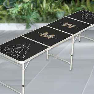 Modern Black Gold Elegant Script Name Monogram Beer Pong Table
