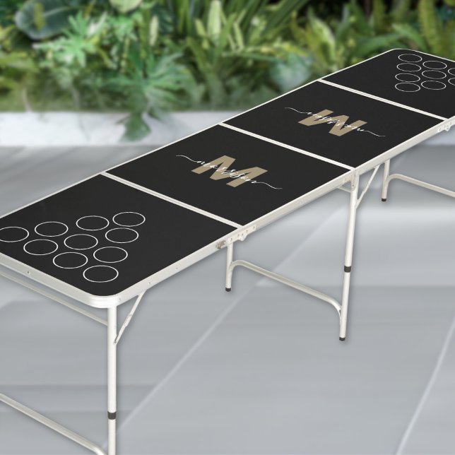 Modern Black Gold Elegant Script Name Monogram Beer Pong Table (Modern Black Gold Elegant Script Name Monogram Beer Pong Table )