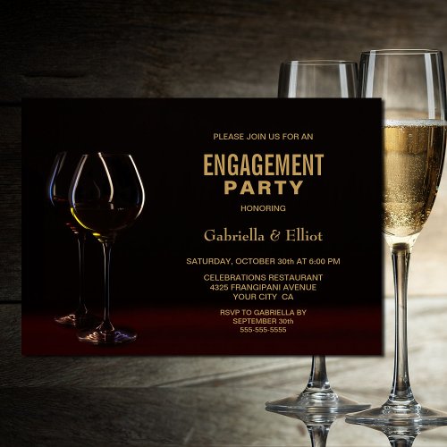 Modern Black Gold Engagement Party Wine Glass Invitation