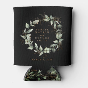 Modern Black Gold Eucalyptus Wreath Wedding Can Cooler