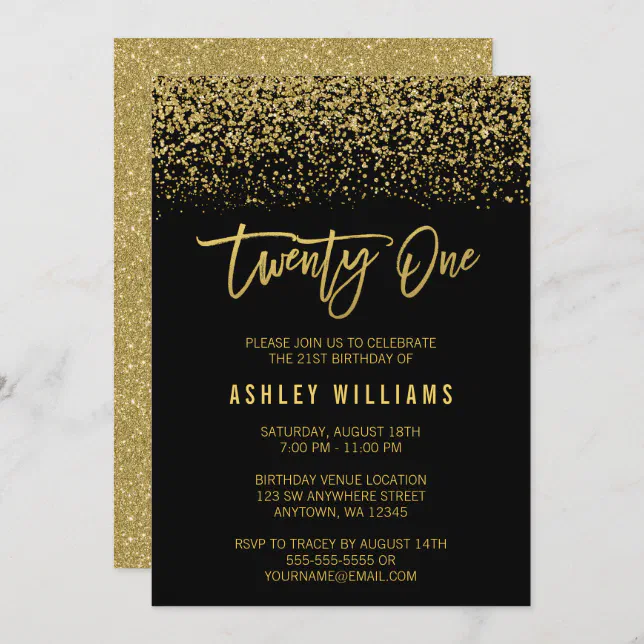 Modern Black Gold Faux Glitter 21st Birthday Invitation | Zazzle