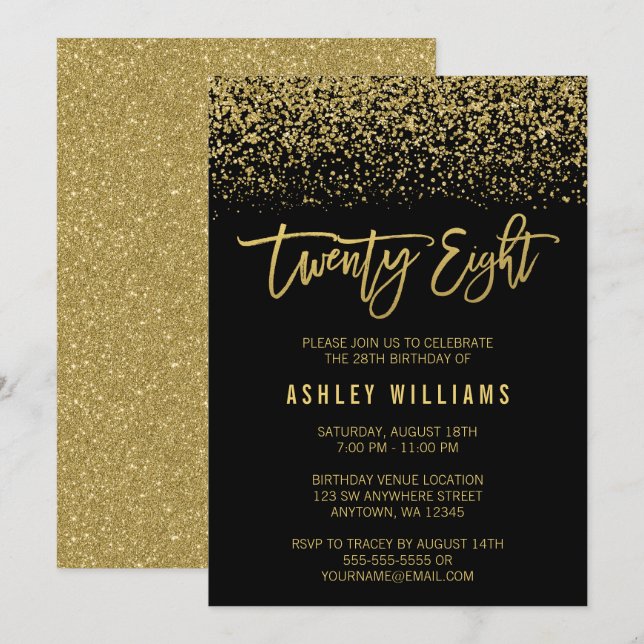 Modern Black Gold Faux Glitter 28th Birthday Invitation (Front/Back)