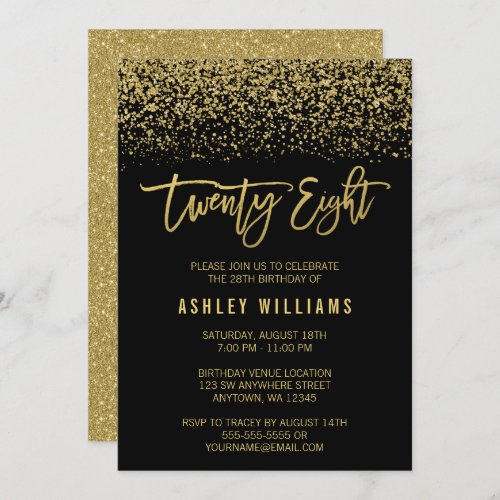 Modern Black Gold Faux Glitter 28th Birthday Invitation