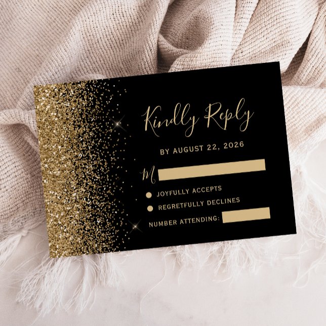 Modern Black Gold Faux Glitter Edge RSVP Card (Creator Uploaded)