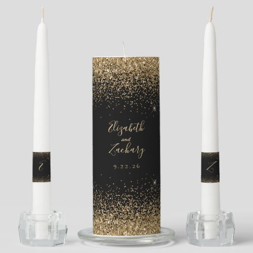 Modern Black Gold Faux Glitter Edge Unity Candle Set