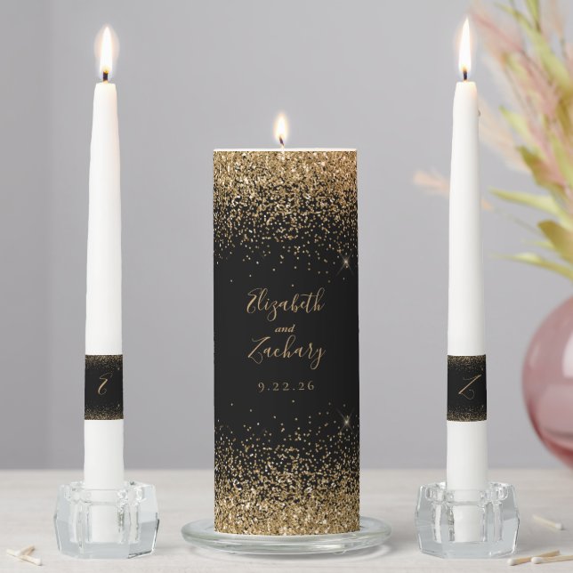 Modern Black Gold Faux Glitter Edge Unity Candle Set (In Situ)