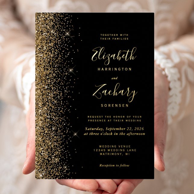 Modern Black Gold Faux Glitter Edge Wedding Foil Invitation (Creator Uploaded)