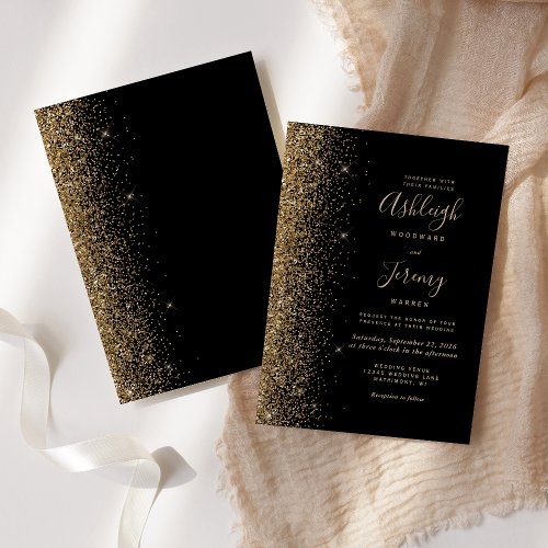 Modern Black Gold Faux Glitter Edge Wedding Invitation