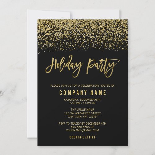 Modern Black Gold Faux Glitter Holiday Party Invitation
