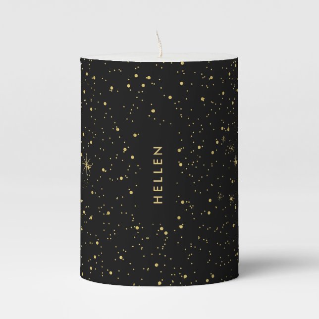 Modern Black Gold Faux Glitter & Monogram Pillar Candle (Front)