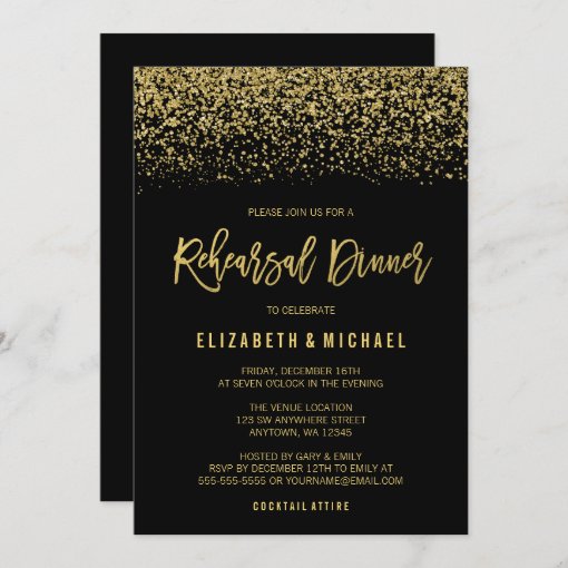 Modern Black Gold Faux Glitter Rehearsal Dinner Invitation | Zazzle