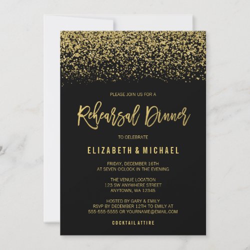 Modern Black Gold Faux Glitter Rehearsal Dinner Invitation