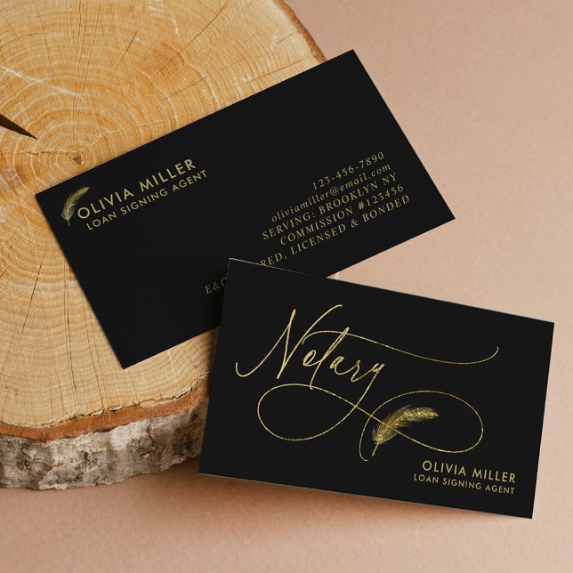 Modern Black Gold Feather Script Notary Loan Agent Business Card (Creator Uploaded)