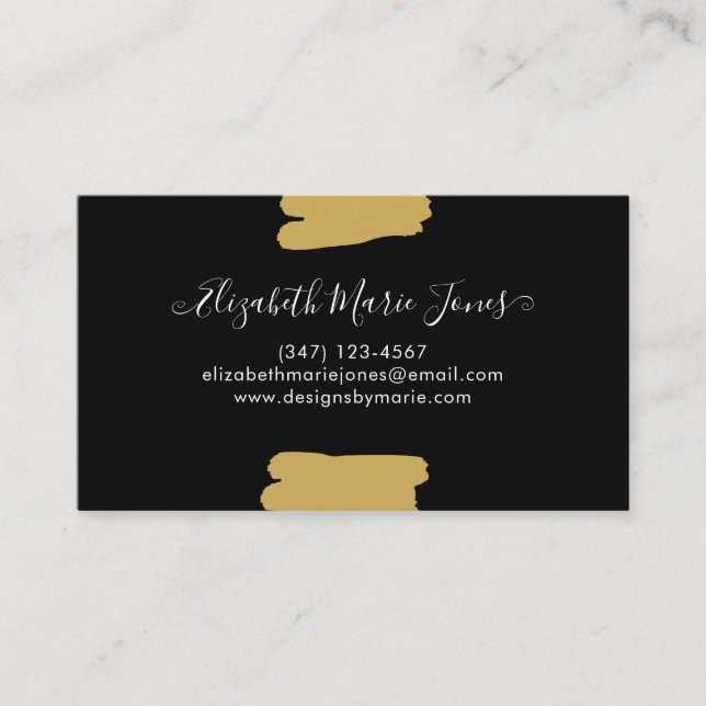Modern Black Gold Feminine Girly Script Brush Business Card (Front)
