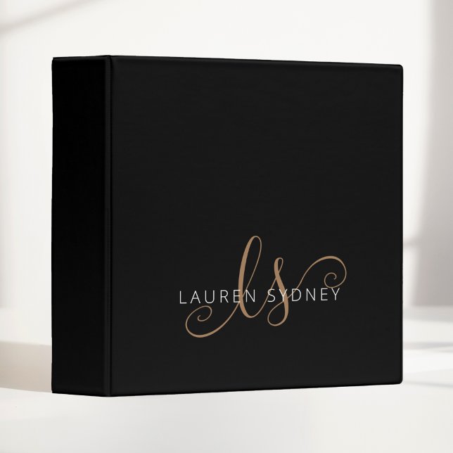 Modern Black Gold Feminine Script Monogrammed  3 Ring Binder (Creator Uploaded)
