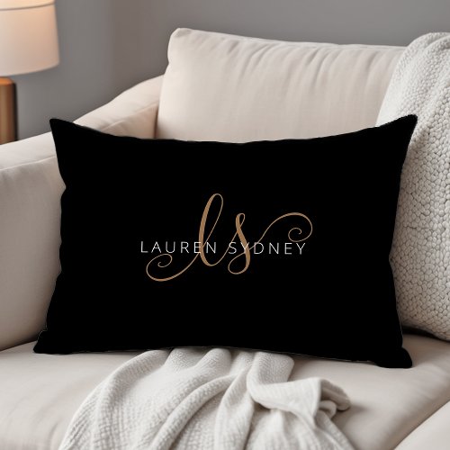 Modern Black Gold Feminine Script Monogrammed Accent Pillow