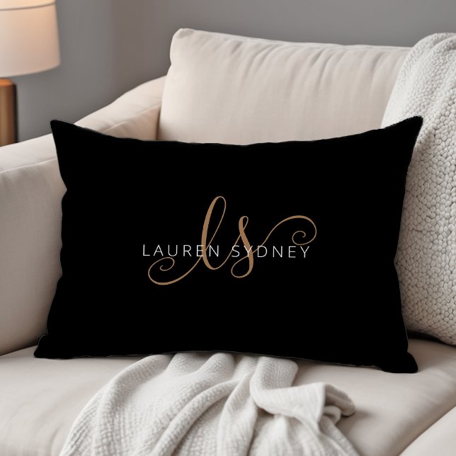 Modern Black Gold Feminine Script Monogrammed Accent Pillow (Creator Uploaded)