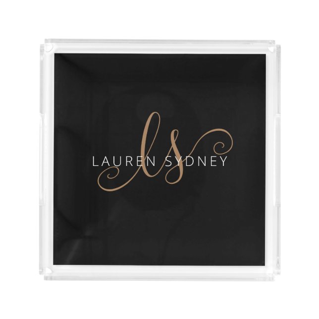 Modern Black Gold Feminine Script Monogrammed Acrylic Tray (Front)
