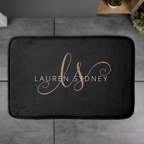 Modern Black Gold Feminine Script Monogrammed Bath Mat