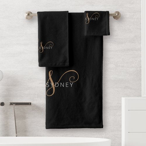 Modern Black Gold Feminine Script Monogrammed  Bath Towel Set