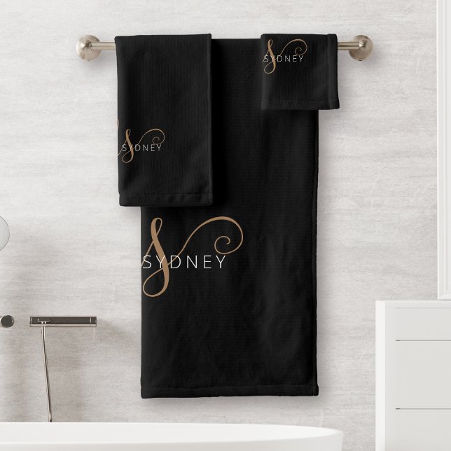 Modern Black Gold Feminine Script Monogrammed  Bath Towel Set (Creator Uploaded)