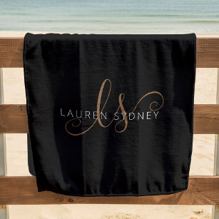 Modern Black Gold Feminine Script Monogrammed Beach Towel