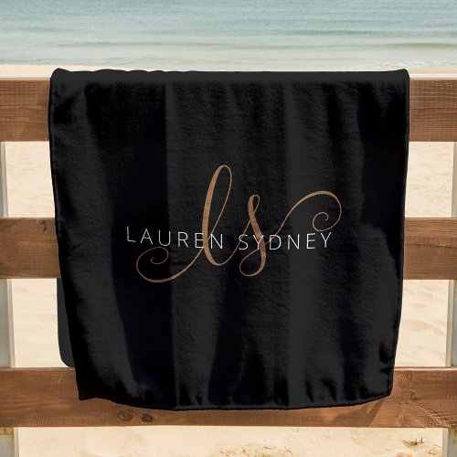 Modern Black Gold Feminine Script Monogrammed Beach Towel