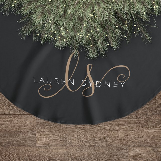 Modern Black Gold Feminine Script Monogrammed Brushed Polyester Tree Skirt (Creator Uploaded)