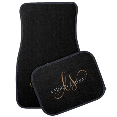 Modern Black Gold Feminine Script Monogrammed Car Floor Mat