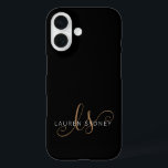 Modern Black Gold Feminine Script Monogrammed iPhone 16 Case<br><div class="desc">Modern Black Gold Feminine Script Monogrammed iPhone Case. Easily personalize this modern elegant phone case with your custom monogram and name.</div>