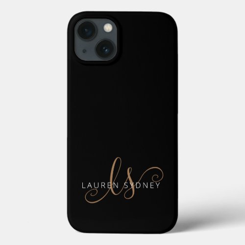 Modern Black Gold Feminine Script Monogrammed iPhone 13 Case