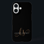 Modern Black Gold Feminine Script Monogrammed iPhone 16 Case<br><div class="desc">Modern Black Gold Feminine Script Monogrammed iPhone Case. Easily personalize this modern elegant phone case with your custom monogram and name.</div>