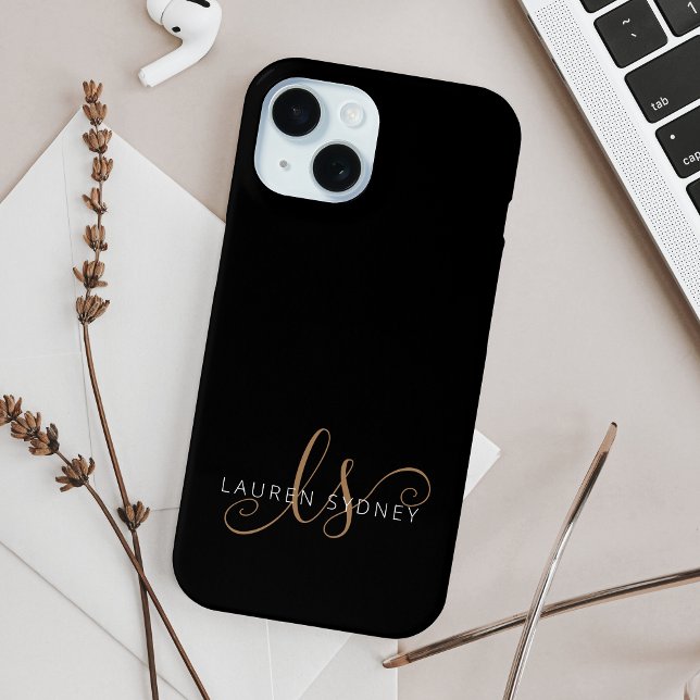 Modern Black Gold Feminine Script Monogrammed Case-Mate iPhone Case (Creator Uploaded)
